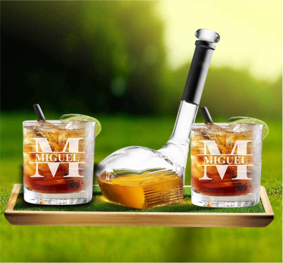 Custom Golf Club Whiskey Decanter Gift Set - Personalized Engraved Bourbon Glasses - Christmas Gift for Dad - Bourbon Gift for Man- Holiday