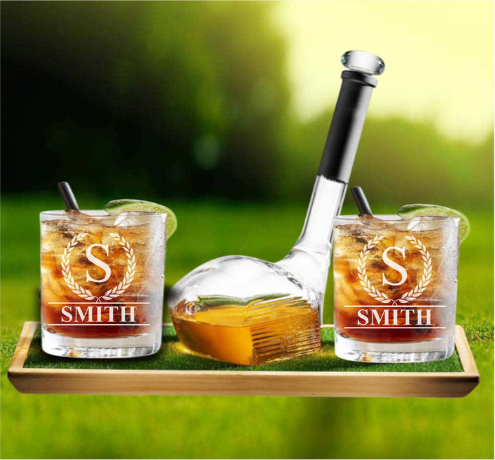 Golf Enthusiast Personalized Whiskey Decanter Set - Engraved Bourbon Glasses - Gift for Dad - Liquor Bottle - Birthday Gift - Dof Glass