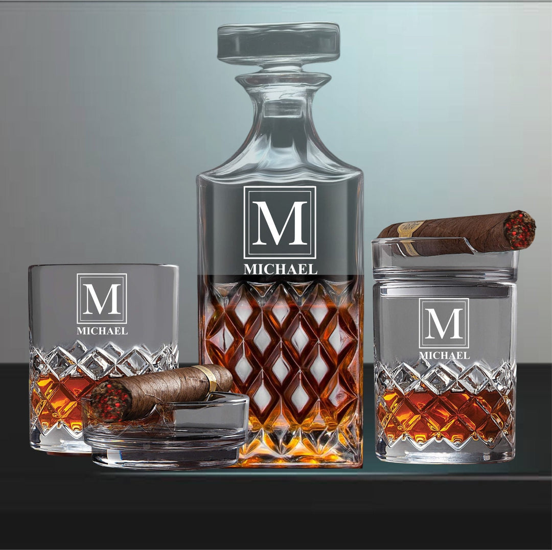 Custom Bourbon Decanter Set with Cigar Glasses - Custom Engraved Whiskey Glass - Gifts for Men - Glass with Ashtray - Cigar Holder Gift