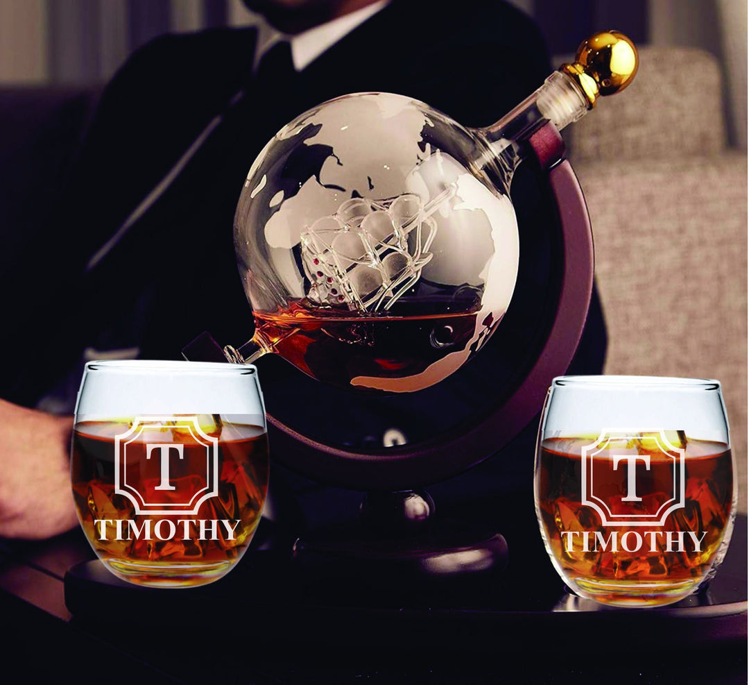 Personalized Gifts for Dad - Globe Whiskey Decanter Set - Father's Day Gift - Bourbon Glasses - Gift for men - Gift from Daughters