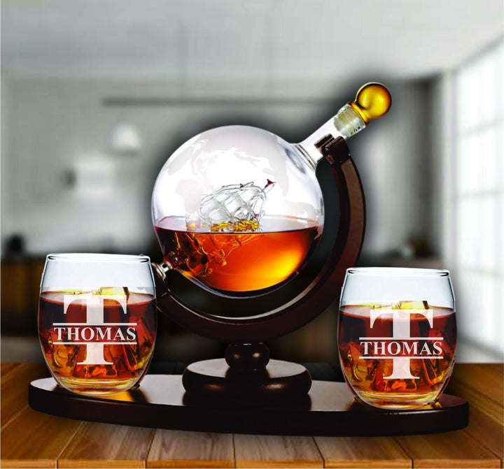 Personalized Gifts for Dad - Globe Whiskey Decanter Set - Father's Day Gift - Bourbon Glasses - Gift for men - Gift from Daughters