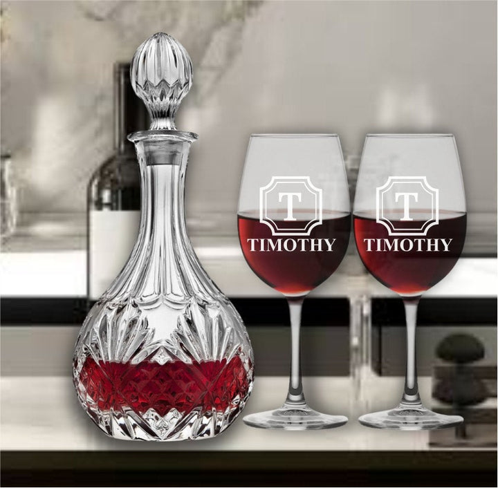 Personalized Wine Decanter Set - Custom Engraved Crystal Engagement Gifts - Wedding & Bridal Shower Gift for the Couple - Stem Wine Glasses