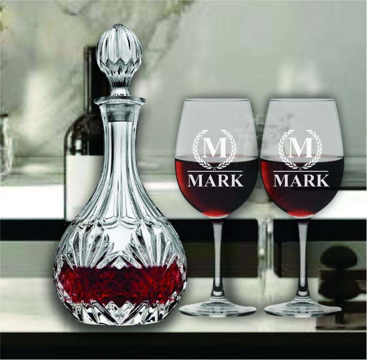 Personalized Wine Decanter Set - Custom Engraved Crystal Engagement Gifts - Wedding & Bridal Shower Gift for the Couple - Stem Wine Glasses