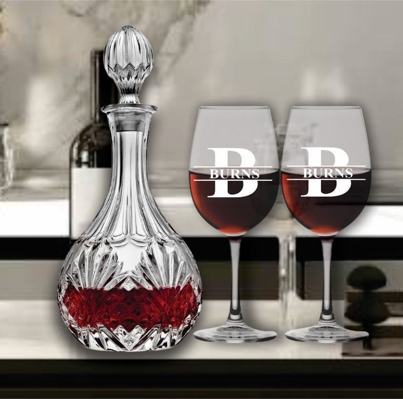 Personalized Wine Decanter Set - Custom Engraved Crystal Engagement Gifts - Wedding & Bridal Shower Gift for the Couple - Stem Wine Glasses