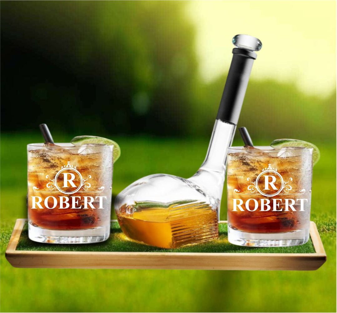 Custom Golf Club Whiskey Decanter Gift Set - Personalized Engraved Bourbon Glasses - Christmas Gift for Dad - Bourbon Gift for Man- Holiday