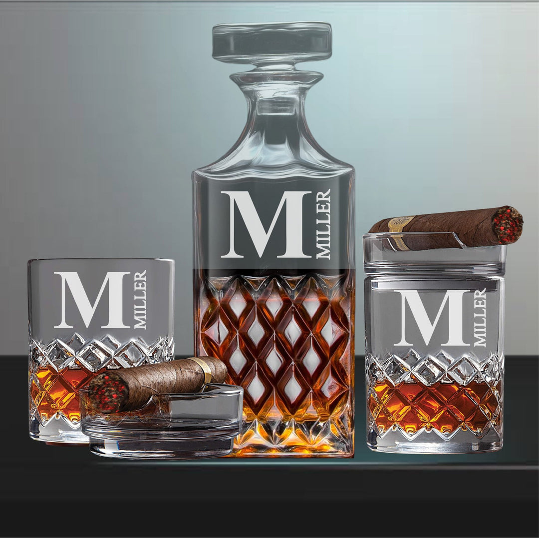 Personalized Whiskey Decanter Set with Cigar Glasses - Custom Engraved Bourbon Glass - Gifts for Men - Custom Cigar Glass Holder - Ashtray