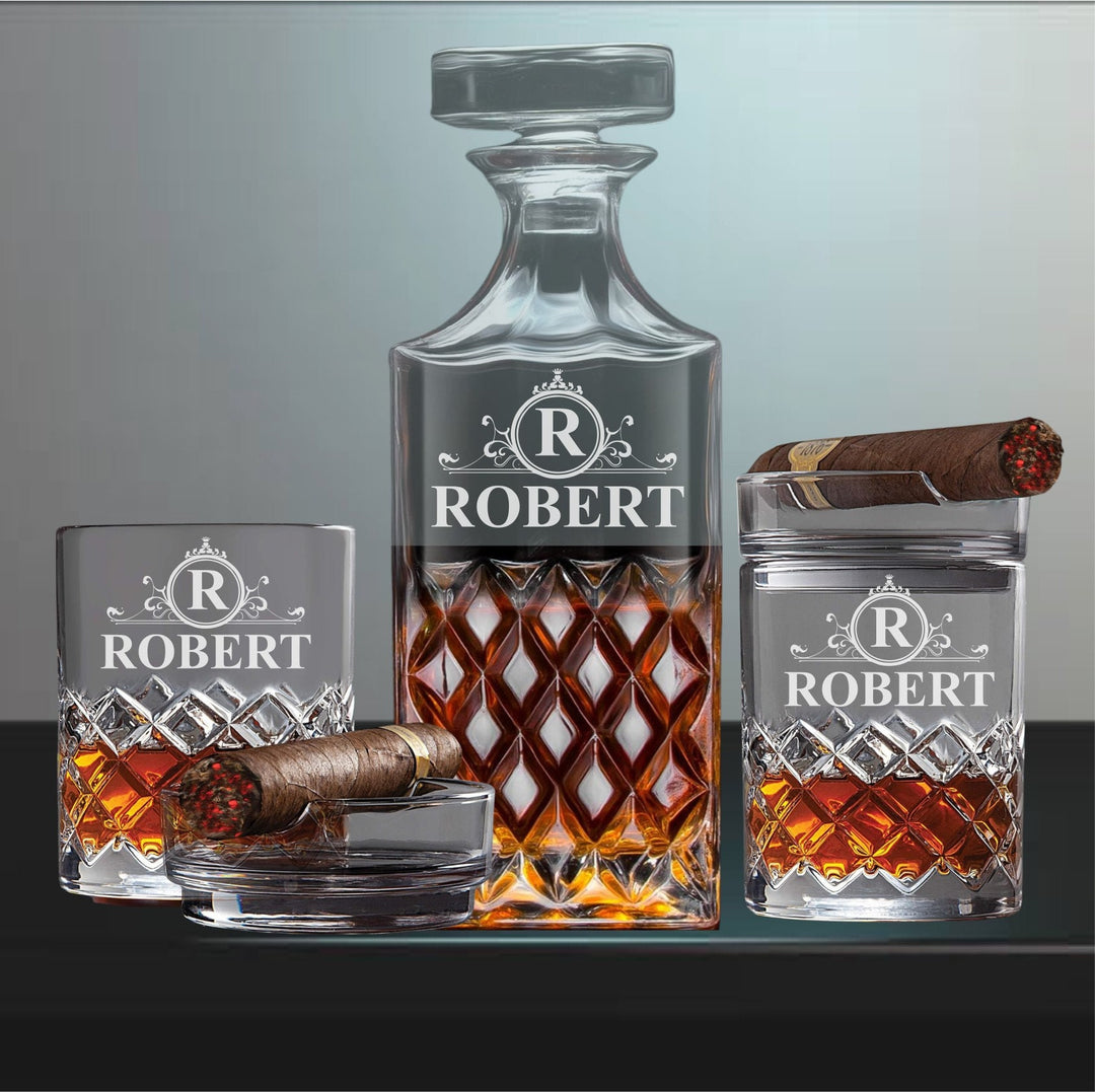 Custom Bourbon Decanter Set with Cigar Glasses - Custom Engraved Whiskey Glass - Gifts for Men - Glass with Ashtray - Cigar Holder Gift