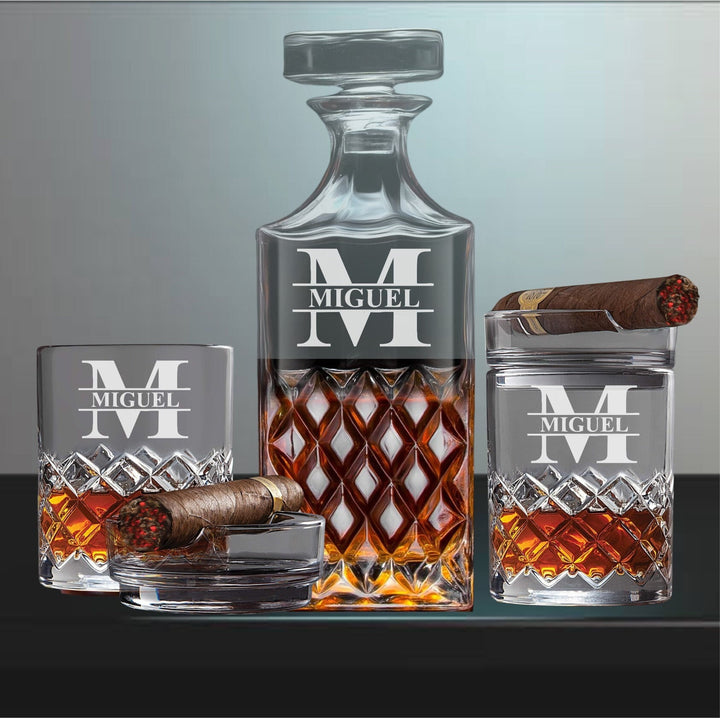 Personalized Whiskey Decanter Set with Cigar Glasses - Custom Engraved Bourbon Glass - Gifts for Men - Custom Cigar Glass Holder - Ashtray