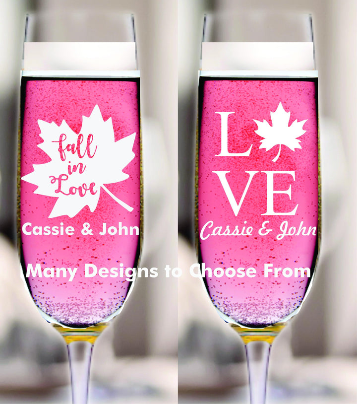 12 Pc Set Custom Fall in Love Wedding Party Favors - Fall In Love Bridal Shower Favors - Custom Engraved Champagne Glasses - Autumn Theme