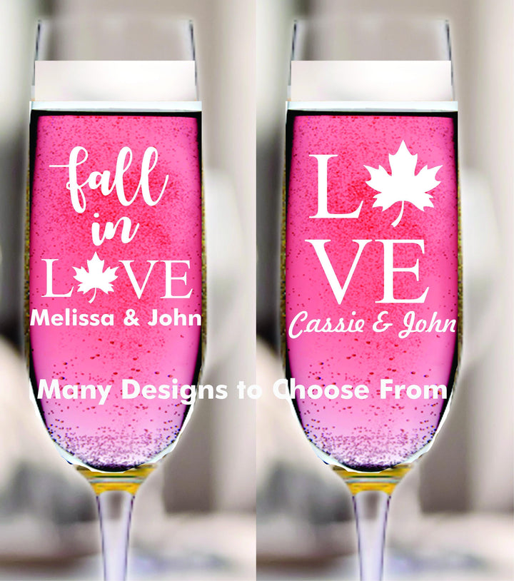 12 Pc Set Custom Fall in Love Wedding Party Favors - Fall In Love Bridal Shower Favors - Custom Engraved Champagne Glasses - Autumn Theme