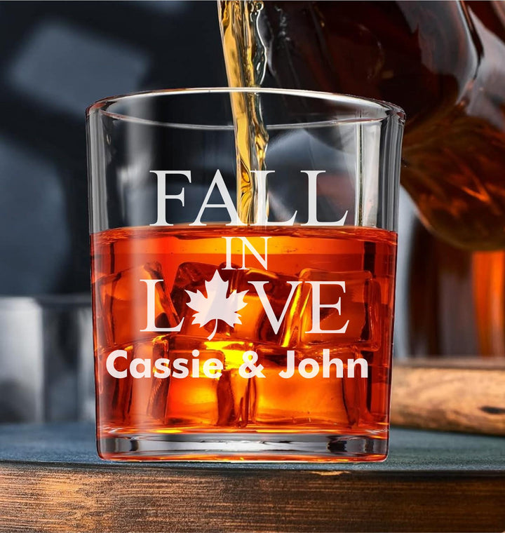 12 Pc Set Personalized Bourbon Glass Favors - Fall In Love Bridal Wedding Favor - Custom Engraved Whiskey Glasses - Autumn Party Favors