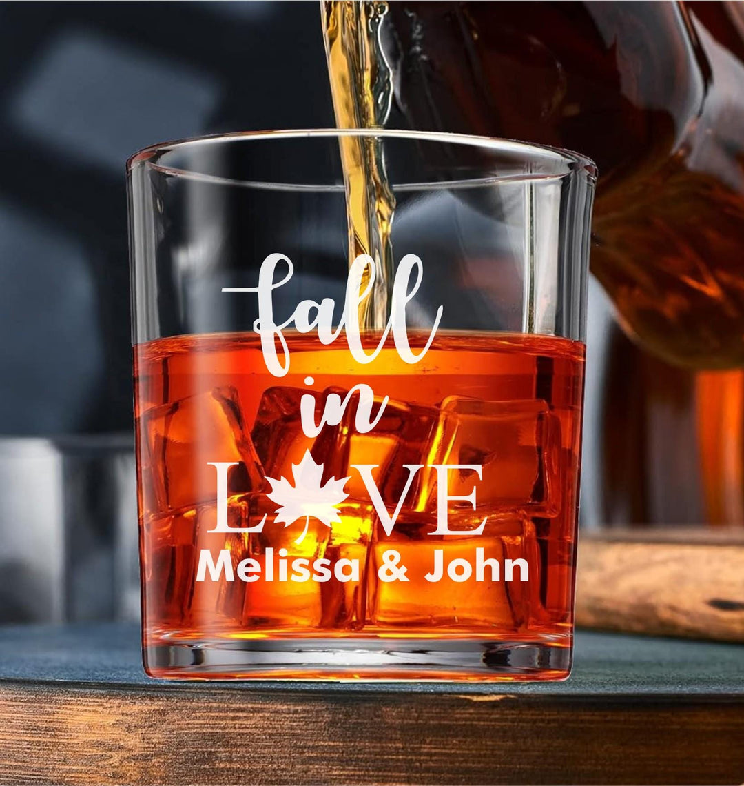 12 Pc Set Personalized Bourbon Glass Favors - Fall In Love Bridal Wedding Favor - Custom Engraved Whiskey Glasses - Autumn Party Favors