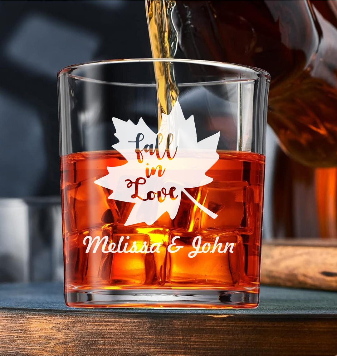 12 Pc Set Personalized Bourbon Glass Favors - Fall In Love Bridal Wedding Favor - Custom Engraved Whiskey Glasses - Autumn Party Favors