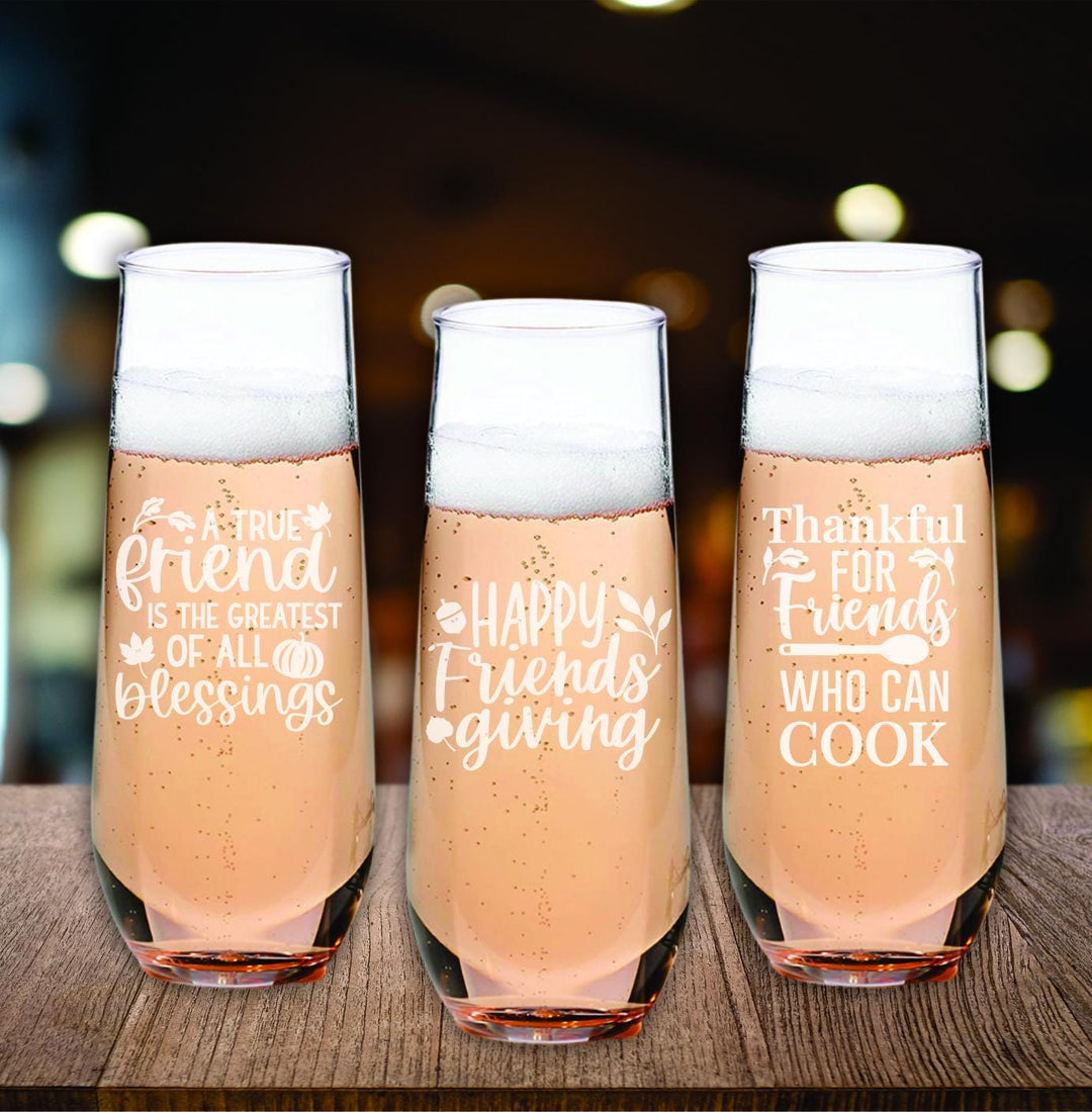 Custom Friendsgiving Champagne Glasses - Engraved Thanksgiving Gift - Friend Champagne Glass- Best Friends Gifts - Stemless Champagne Flute