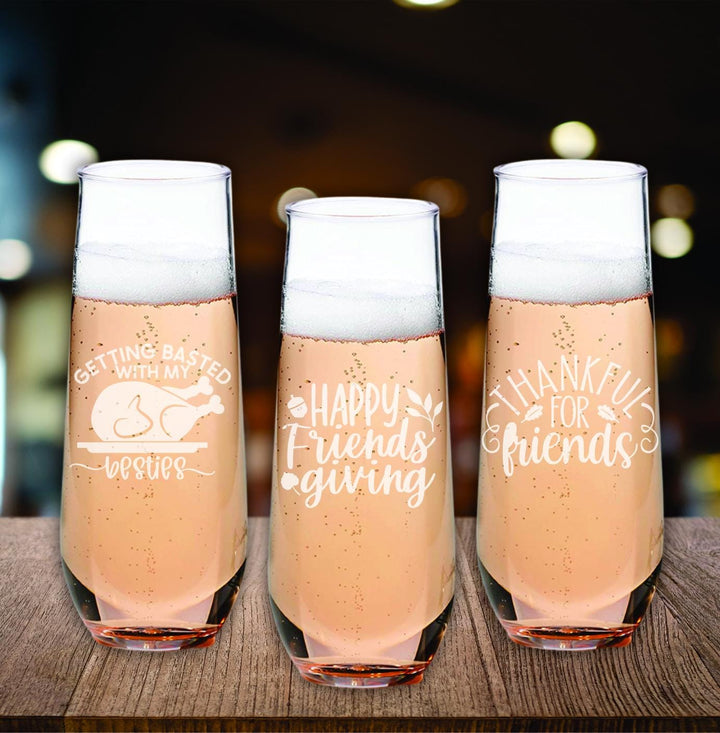 Custom Friendsgiving Champagne Glasses - Engraved Thanksgiving Gift - Friend Champagne Glass- Best Friends Gifts - Stemless Champagne Flute
