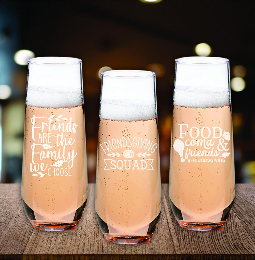 Custom Friendsgiving Champagne Glasses - Engraved Thanksgiving Gift - Friend Champagne Glass- Best Friends Gifts - Stemless Champagne Flute