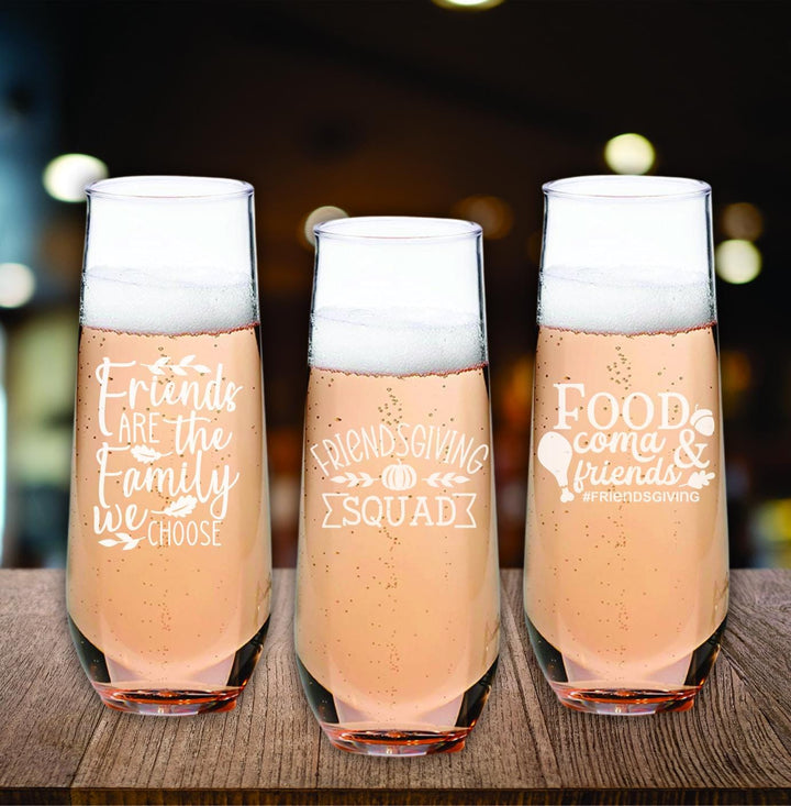 Custom Friendsgiving Champagne Glasses - Engraved Thanksgiving Gift - Friend Champagne Glass- Best Friends Gifts - Stemless Champagne Flute