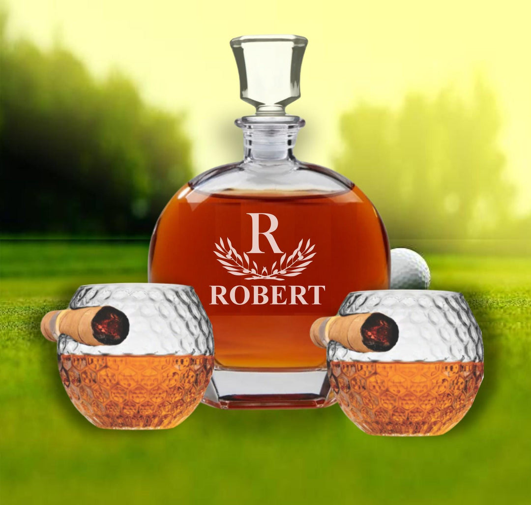 Custom Whiskey Decanter with Golf Ball Glass & Cigar Holder, Personalized Bourbon Gift for Men, Cigar Gifts , Dad Birthday Gift, Golf Gifts