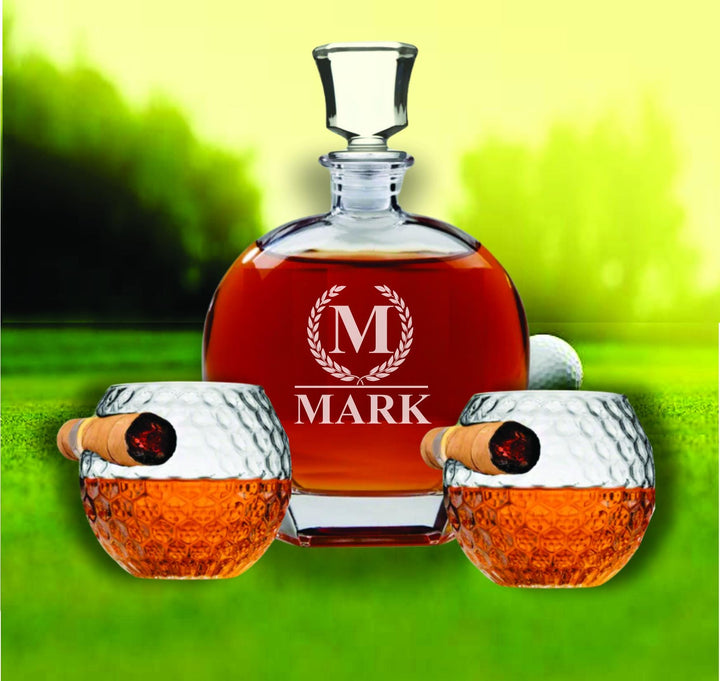 Custom Cigar Gifts, Golf Ball Glass Cigar Holder, Etched Bourbon Decanter Gift for Men, Whiskey Cigar Glass, Gift for Dad, Retirement Gift