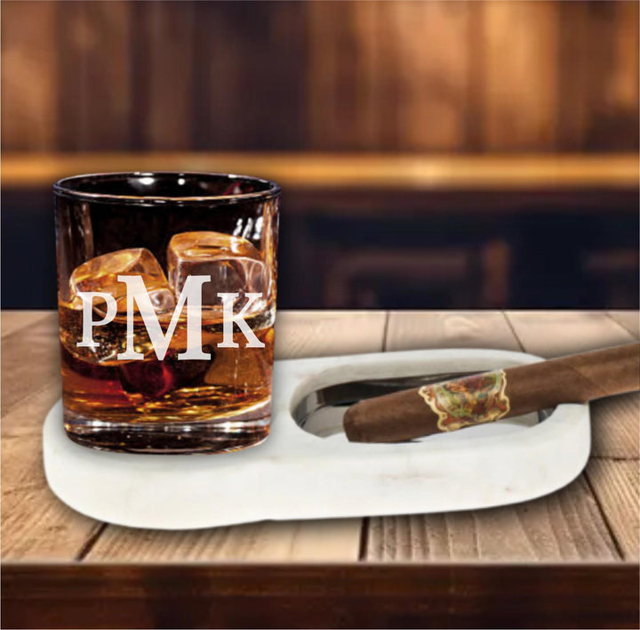 Marble Cigar Ashtray with Whiskey Glass Coaster - Personalized Cigar Gifts, Engraved Bourbon Glasses, Dad Christmas, Gift for Men, Husband