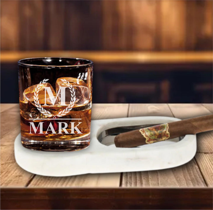 Marble Cigar Ashtray with Whiskey Glass Coaster - Personalized Cigar Gifts, Engraved Bourbon Glasses, Dad Christmas, Gift for Men, Husband