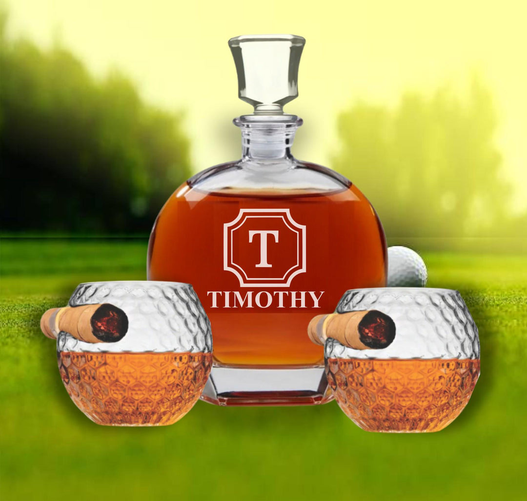 Custom Cigar Gifts, Golf Ball Glass Cigar Holder, Etched Bourbon Decanter Gift for Men, Whiskey Cigar Glass, Gift for Dad, Retirement Gift