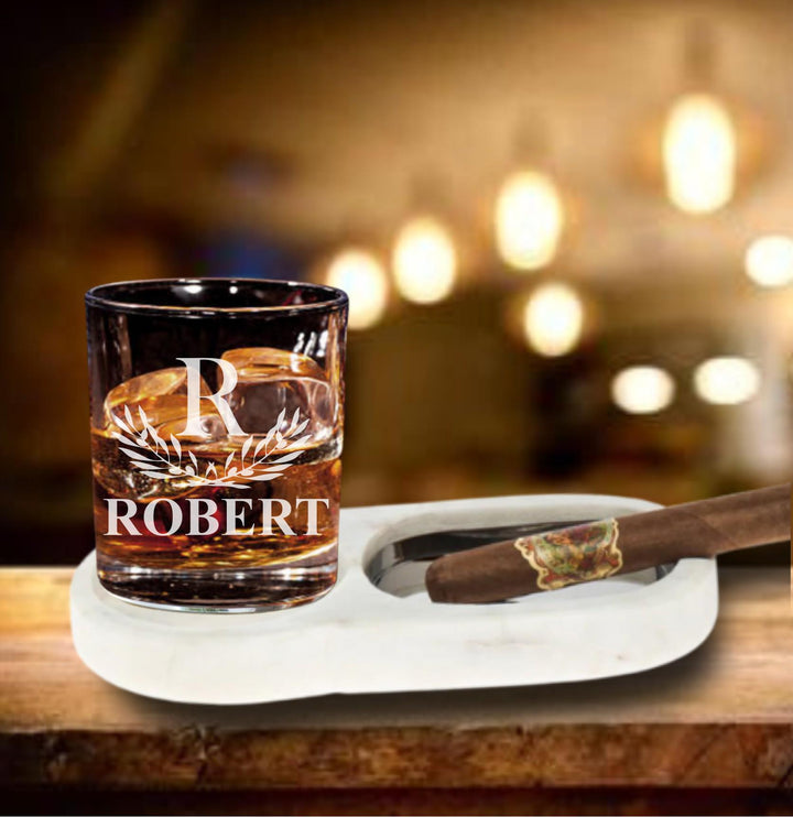 Marble Cigar Ashtray with Whiskey Glass Coaster - Personalized Cigar Gifts, Engraved Bourbon Glasses, Dad Christmas, Gift for Men, Husband