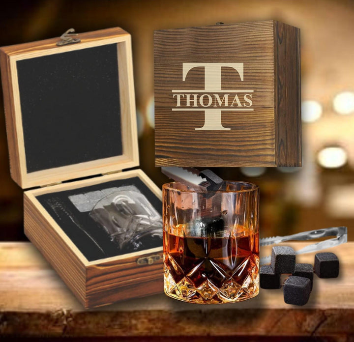 Custom Engraved Wood Box with Whiskey Stones and Glasses Set, Gift for Men, Man Cave, Dad Gifts, Boyfriend Gift, Husband, Christmas Party