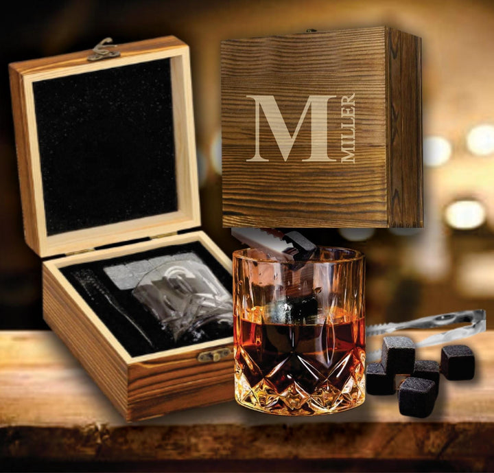 Custom Engraved Wood Box with Whiskey Stones and Glasses Set, Gift for Men, Man Cave, Dad Gifts, Boyfriend Gift, Husband, Christmas Party