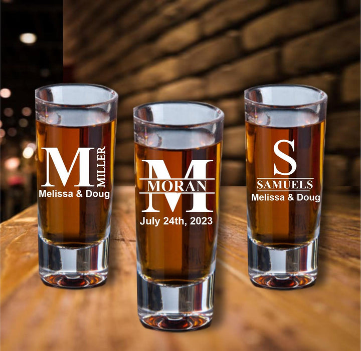 Custom Engraved Shot Glass Wedding Favor, Personalized Wedding Party Favors, Shot Glasses, Bridal Party Gifts, Bride and Groom Shot Glasses