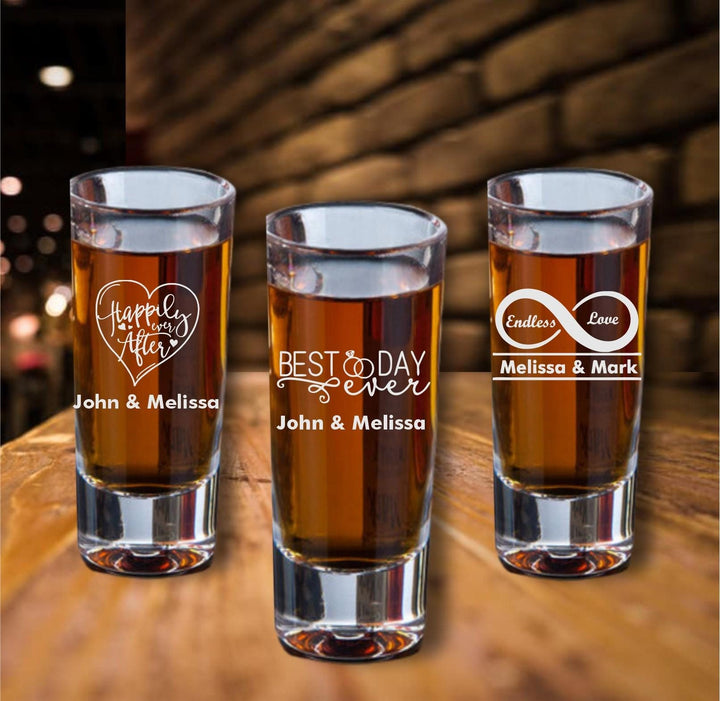 Custom Engraved Shot Glass Wedding Favor, Personalized Wedding Party Favors, Shot Glasses, Bridal Party Gifts, Bride and Groom Shot Glasses