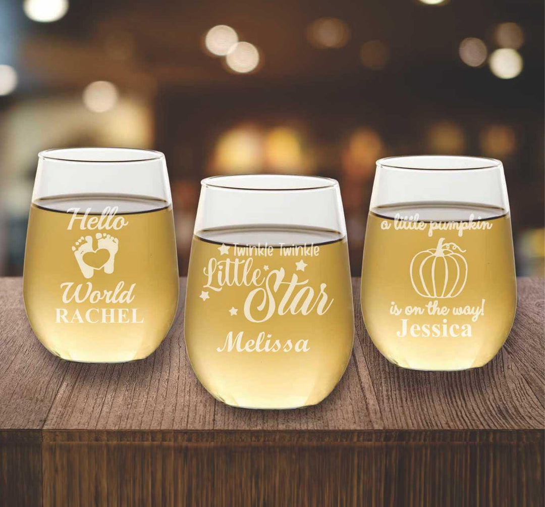 Baby Shower Stemless Wine Glass Favors, Twinkle Little Star, Personalized Baby Party Favor, Custom Engraved Glasses, Newborn Baby Boy, Girl