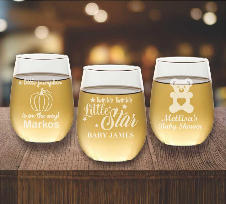 Custom Engraved Baby Shower Wine Glass Favors, Our little Man, Elephant Baby Sprinkle Party Favor, Personalized, Baby Boy, Baby Reveal