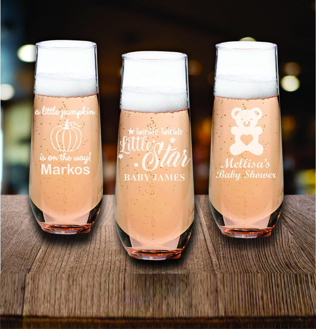 Personalized Champagne Glass Baby Shower Favors, Our Little Peanut Elephant, Baby Party Favor, Engraved Flutes, Our Little Princess Baby