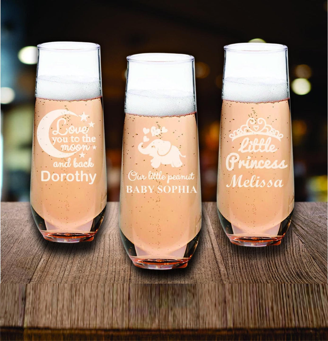 Baby Shower Stemless Champagne Flute Favors, Our little Peanut, Elephant Baby Party Favor, Personalized Champagne Glasses, Baby Boy, Girl