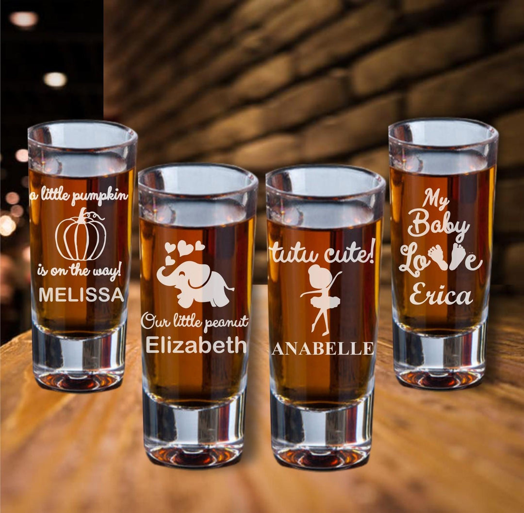 Baby Shower Shot Glass Favors, Custom Laser Engraved Baby Party Favor, Gender Reveal, Baby Sprinkle, Our Little Peanut Elephant favors