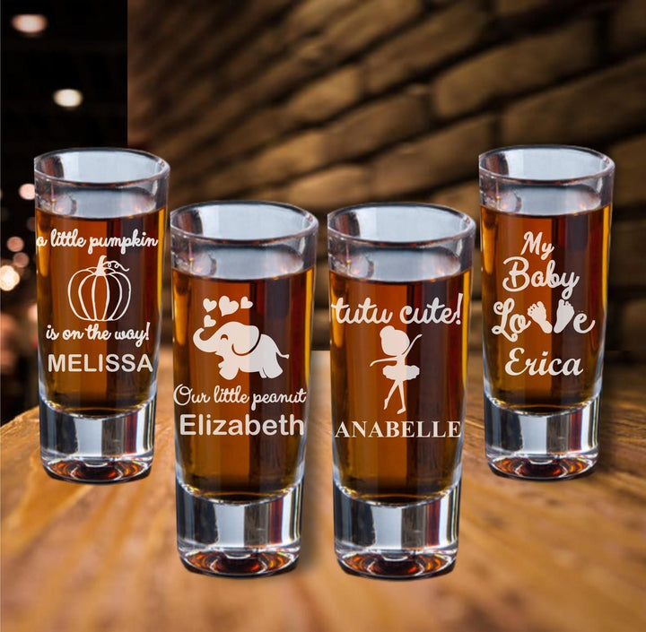 Baby Shower Shot Glass Favors, Custom Laser Engraved Baby Party Favor, Gender Reveal, Baby Sprinkle, Our Little Peanut Elephant favors