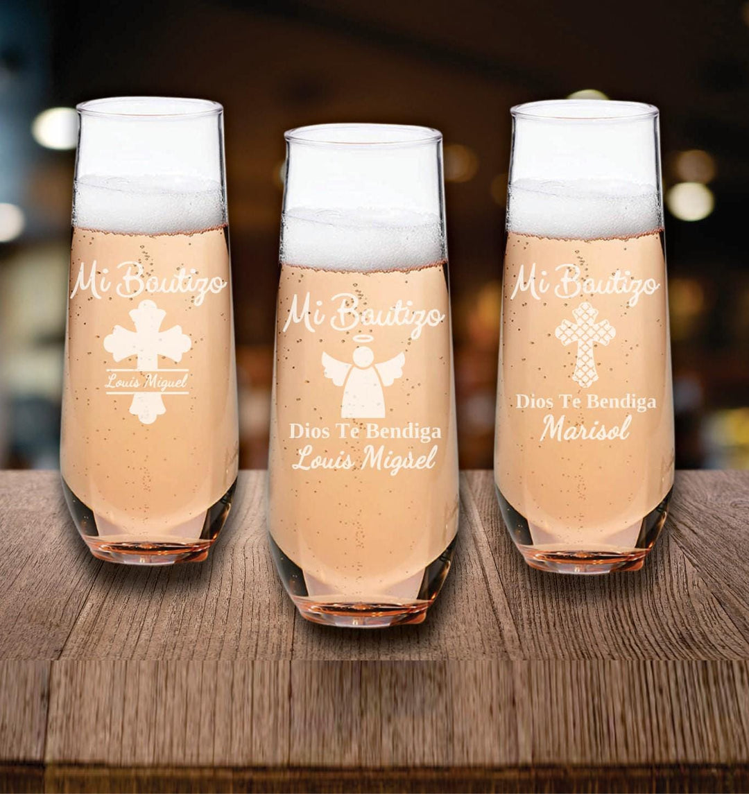 Set of 12 Mi Bautizo Christening Favors, Champagne Glass Favors, Custom Engraved Stemless Champagne Glasses, Set of 12, Baptism Party Favors