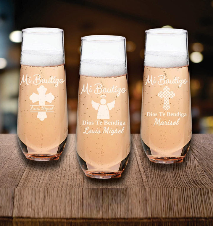 Set of 12 Mi Bautizo Christening Favors, Champagne Glass Favors, Custom Engraved Stemless Champagne Glasses, Set of 12, Baptism Party Favors
