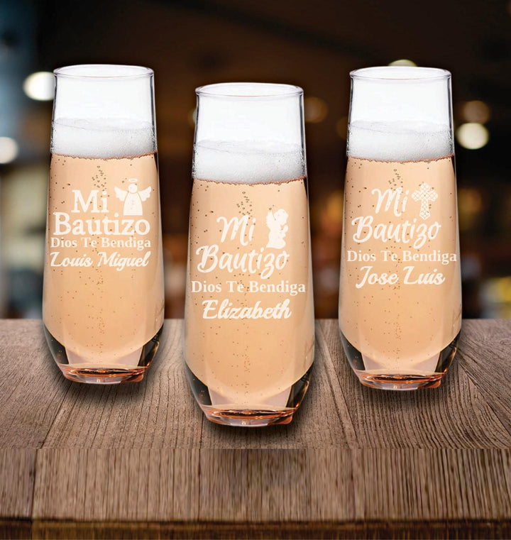 Set of 12 Mi Bautizo Christening Favors, Champagne Glass Favors, Custom Engraved Stemless Champagne Glasses, Set of 12, Baptism Party Favors