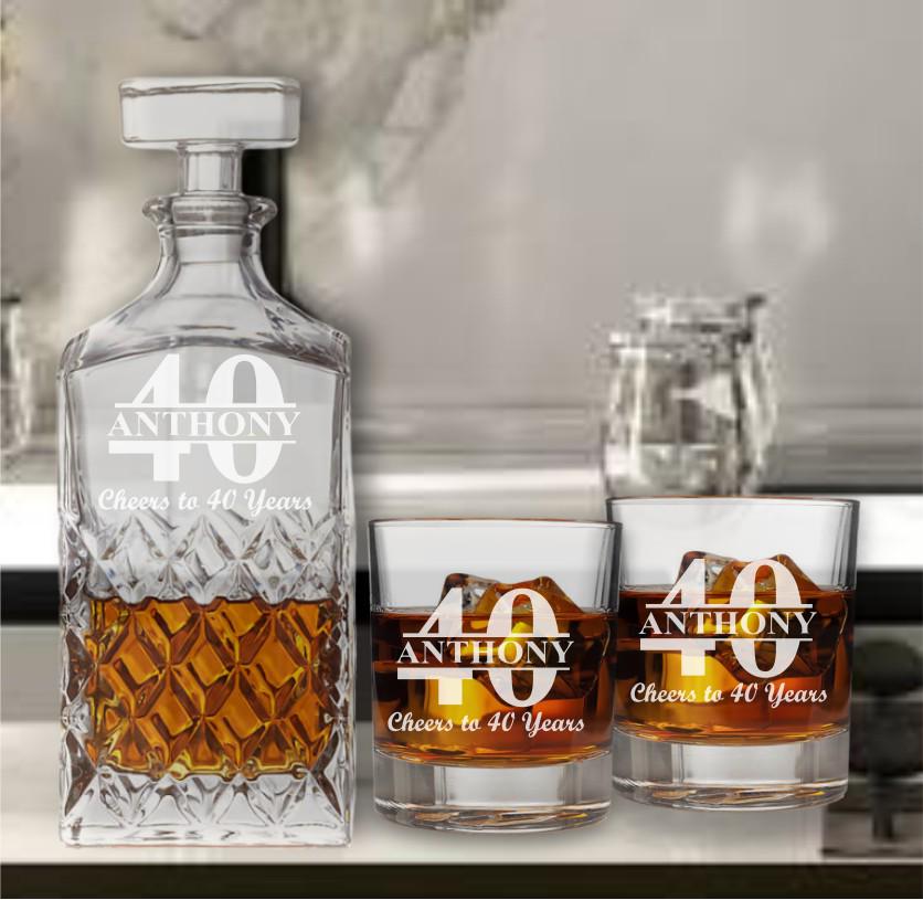 40th Birthday Whiskey Decanter Set - Personalized Whiskey Glasses - Gift for Dad - 40th Birthday Gift -Gifts for Men - Milestone Birthday