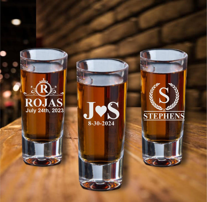 Custom Engraved Shot Glass Wedding Favor, Personalized Wedding Party Favors, Shot Glasses, Bridal Party Gifts, Bride and Groom Shot Glasses