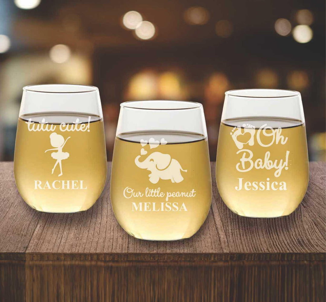 Baby Shower Stemless Wine Glass Favors, Our little Peanut, Elephant Baby Party Favor, Personalized Engraved Glasses, Newborn Baby Boy, Girl