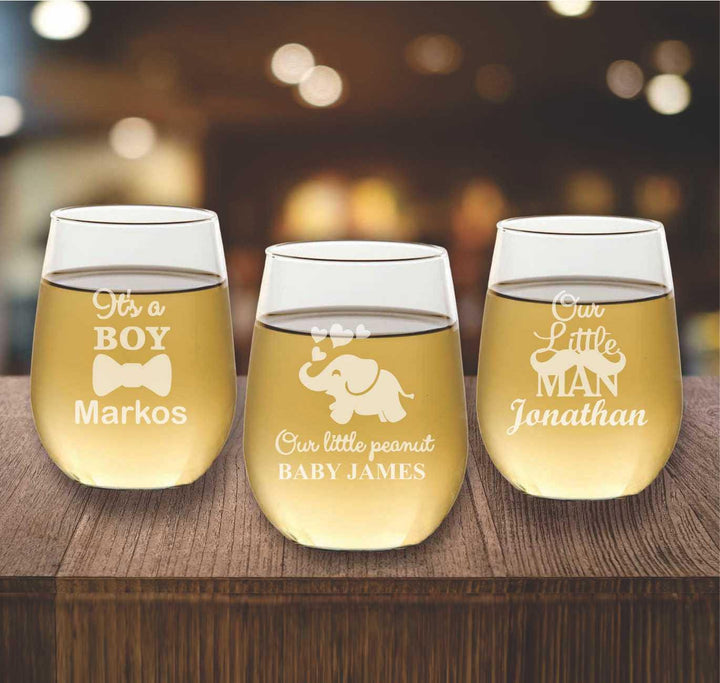Custom Engraved Baby Shower Wine Glass Favors, Our little Man, Elephant Baby Sprinkle Party Favor, Personalized, Baby Boy, Baby Reveal