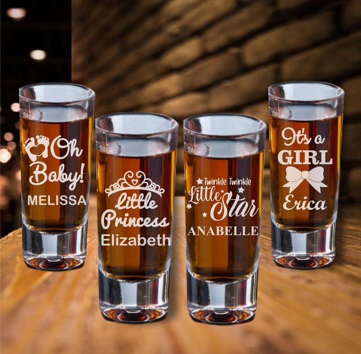 Baby Shower Shot Glass Favors, Custom Laser Engraved Baby Party Favor, Gender Reveal, Baby Sprinkle, Our Little Peanut Elephant favors