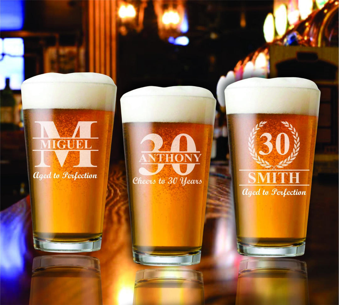 12 Pc Set 30th Birthday Pint Beer Glass Favors, Party Favor, Personalized Birthday Beer Glasses, Cheers to 30 Years, Milestone Party Favors