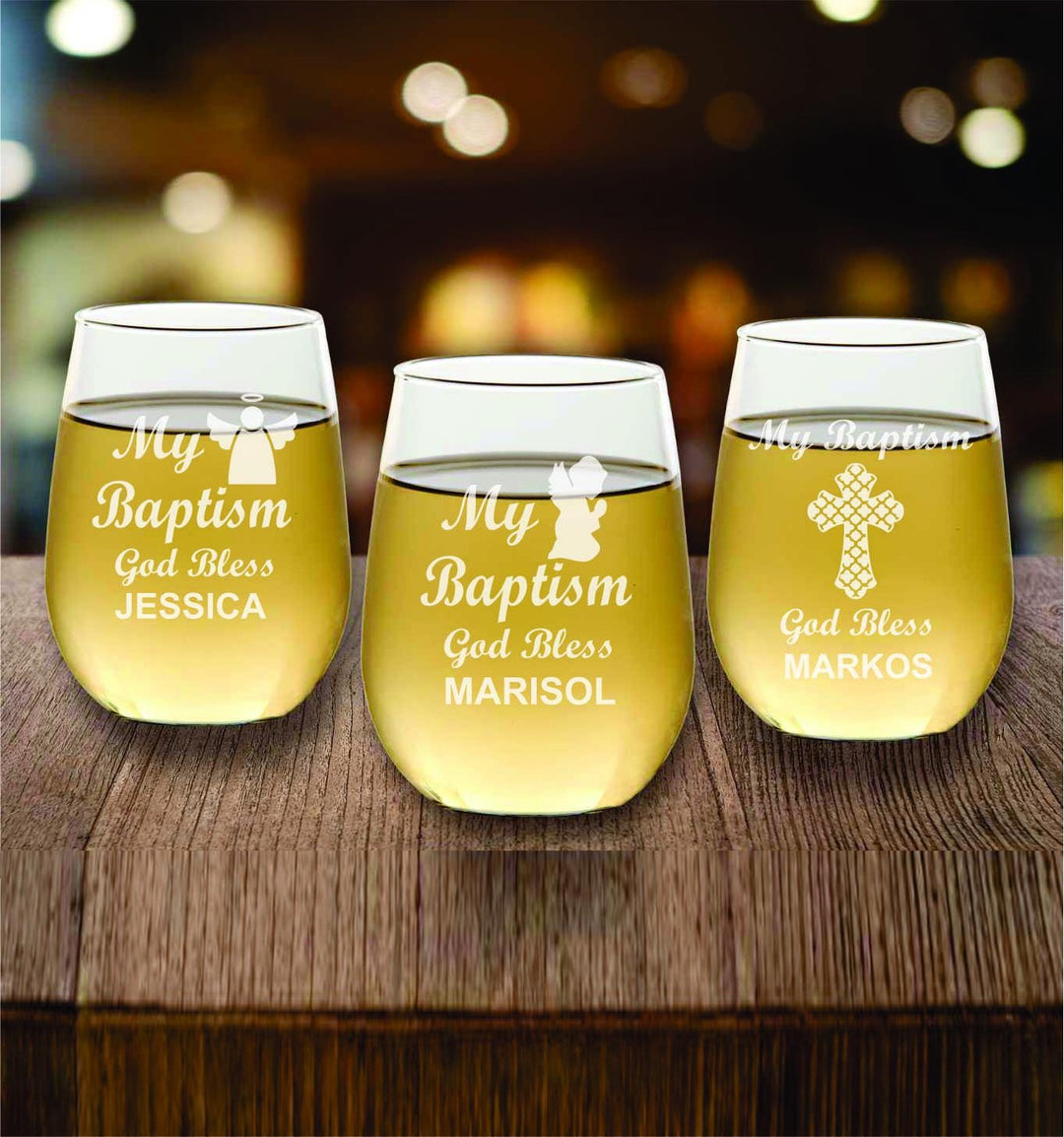 Mi Bautizo Spanish Christening Favors, Wine Glass Favors, Custom Engraved Stemless Wine Glasses, Set of 12, Cross Baptism Favors, Nino, Nina