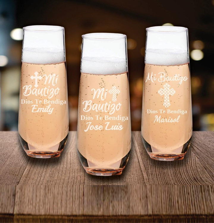 Baptismal Wine Glass Party Favors, Engraved Stemless Wine Glasses, Set of 12, Cross Christening Favor, Nina, Mi Bautizo, Dios Te Bendiga