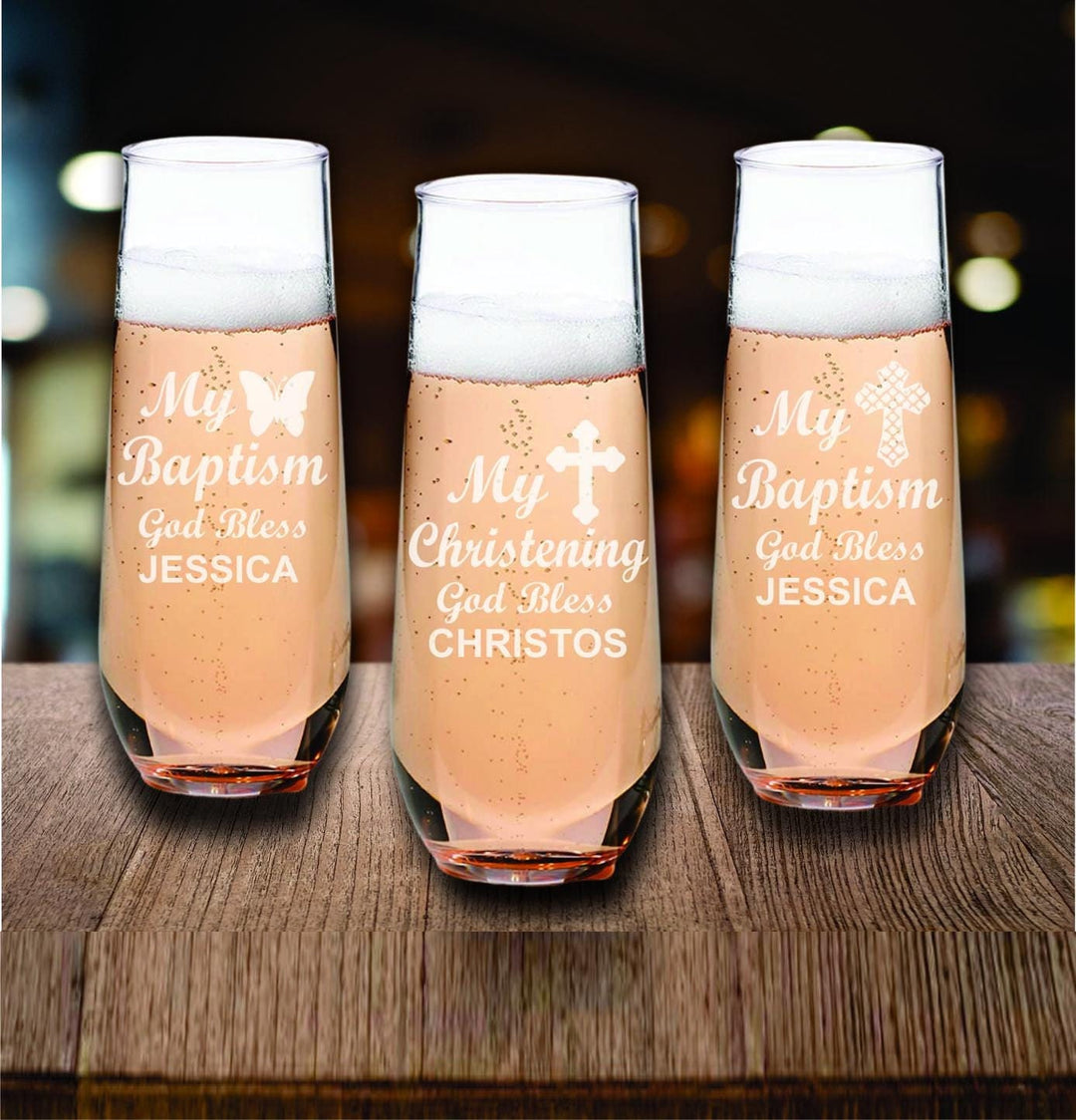 Baptismal Wine Glass Party Favors, Engraved Stemless Wine Glasses, Set of 12, Cross Christening Favor, Nina, Mi Bautizo, Dios Te Bendiga
