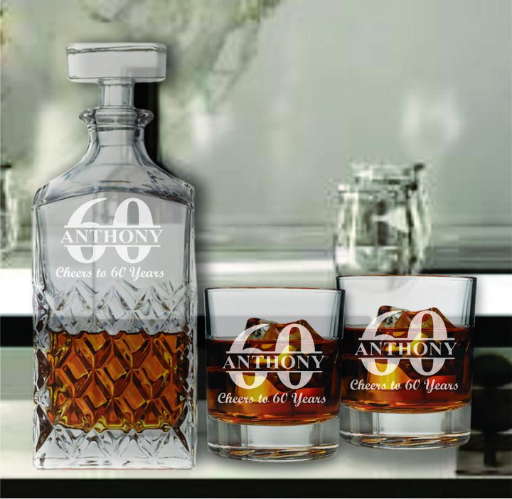 Custom 60th Birthday Whiskey Decanter Set - Personalized Whiskey Glasses - Gift for Dad - 60th Milestone Birthday Gift - Gifts for Men
